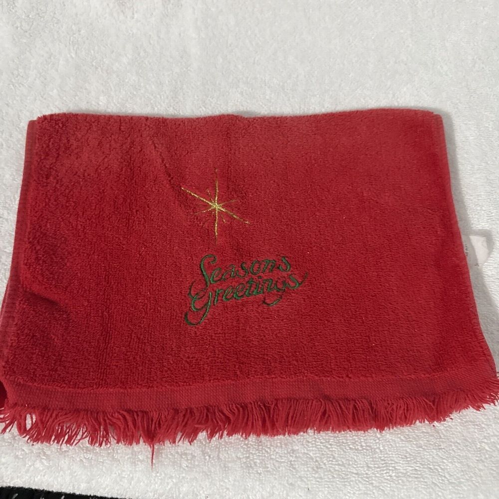 VTG Cannon Fieldcrest Christmas Hand Tea Towel Retro Red Angel Bow Poinsettias‎